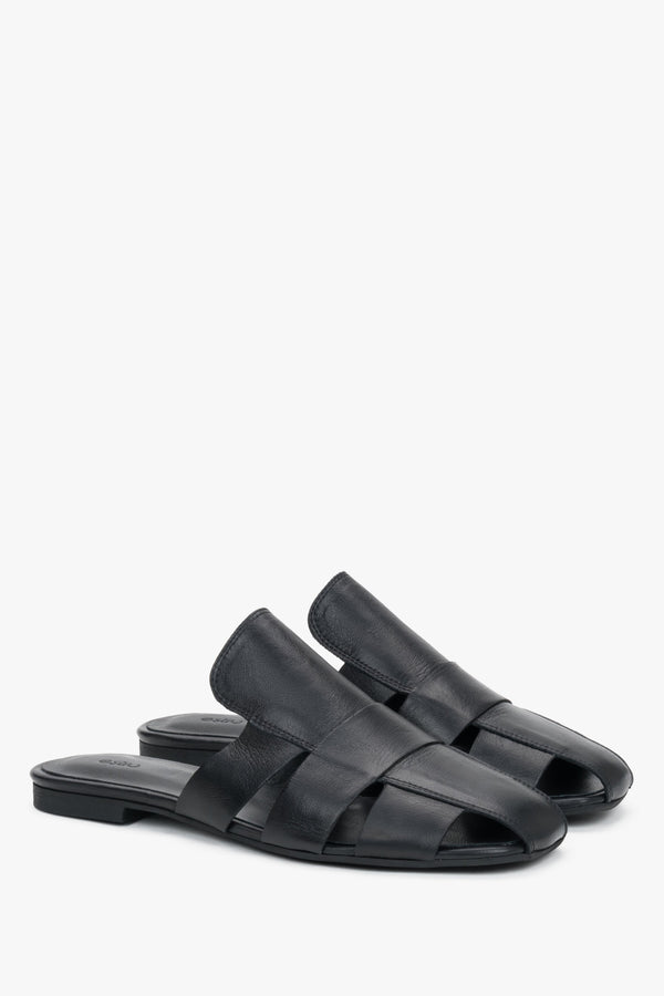 Black leather Estro mule sandals, featuring a unique openwork construction made of wide, interlaced straps.