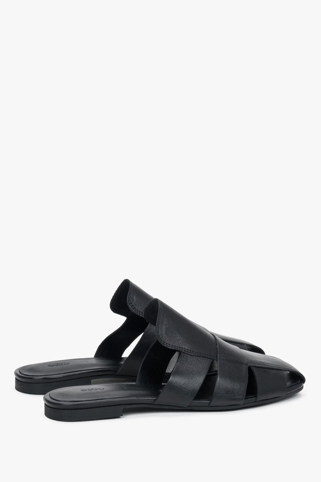 Rear view of the footwear, showcasing the open heel construction and the precise, luxurious finishing of the edges in black smooth leather.