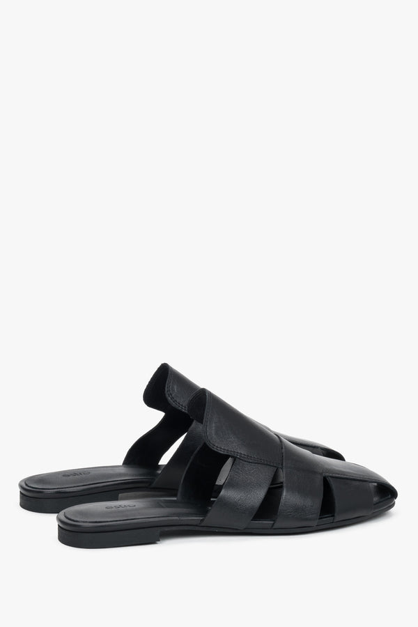 Rear view of the footwear, showcasing the open heel construction and the precise, luxurious finishing of the edges in black smooth leather.