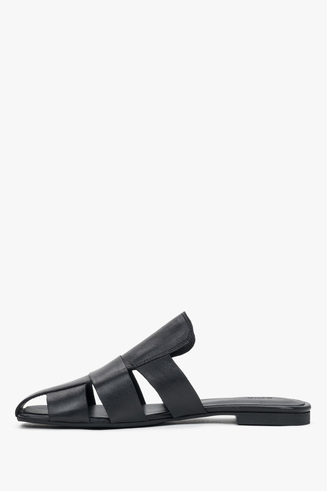 Black leather Estro mule sandals, featuring a unique openwork design made of wide, interlaced straps.