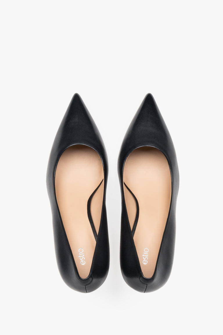 Black leather pointed-toe shoes - a peek from above.