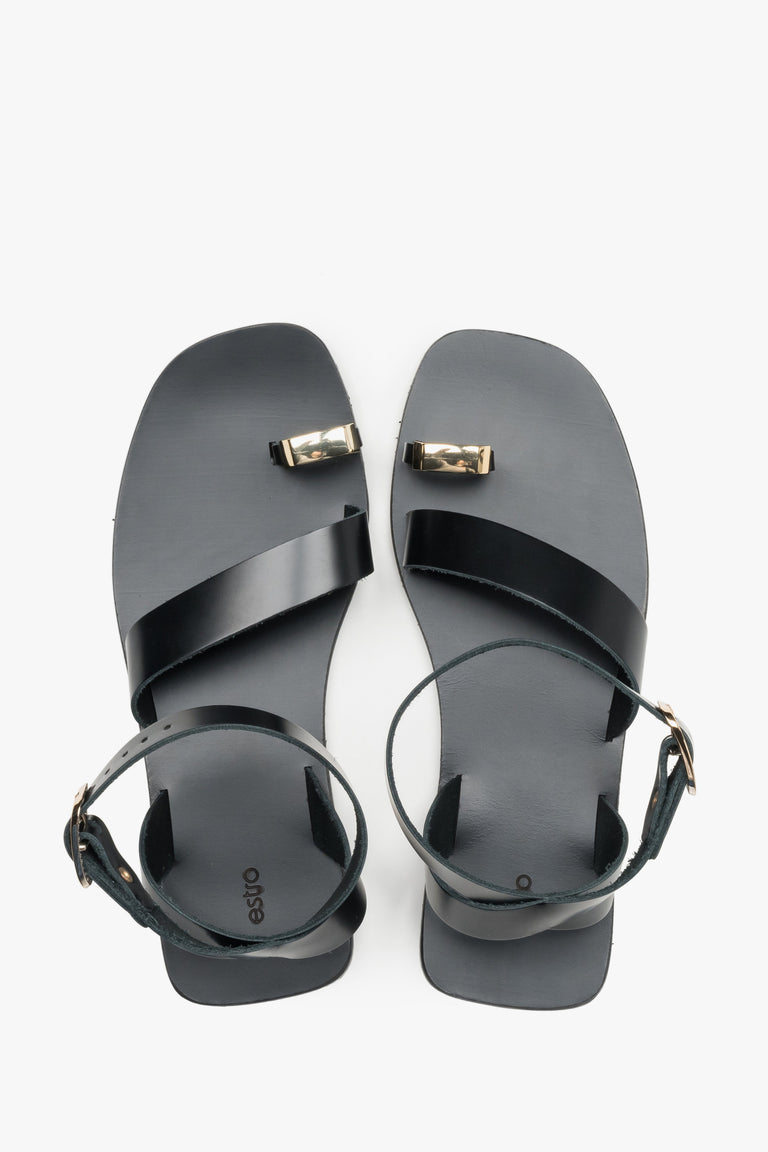 Women’s black leather sandals with a decorative toe ring by Estro - top view.