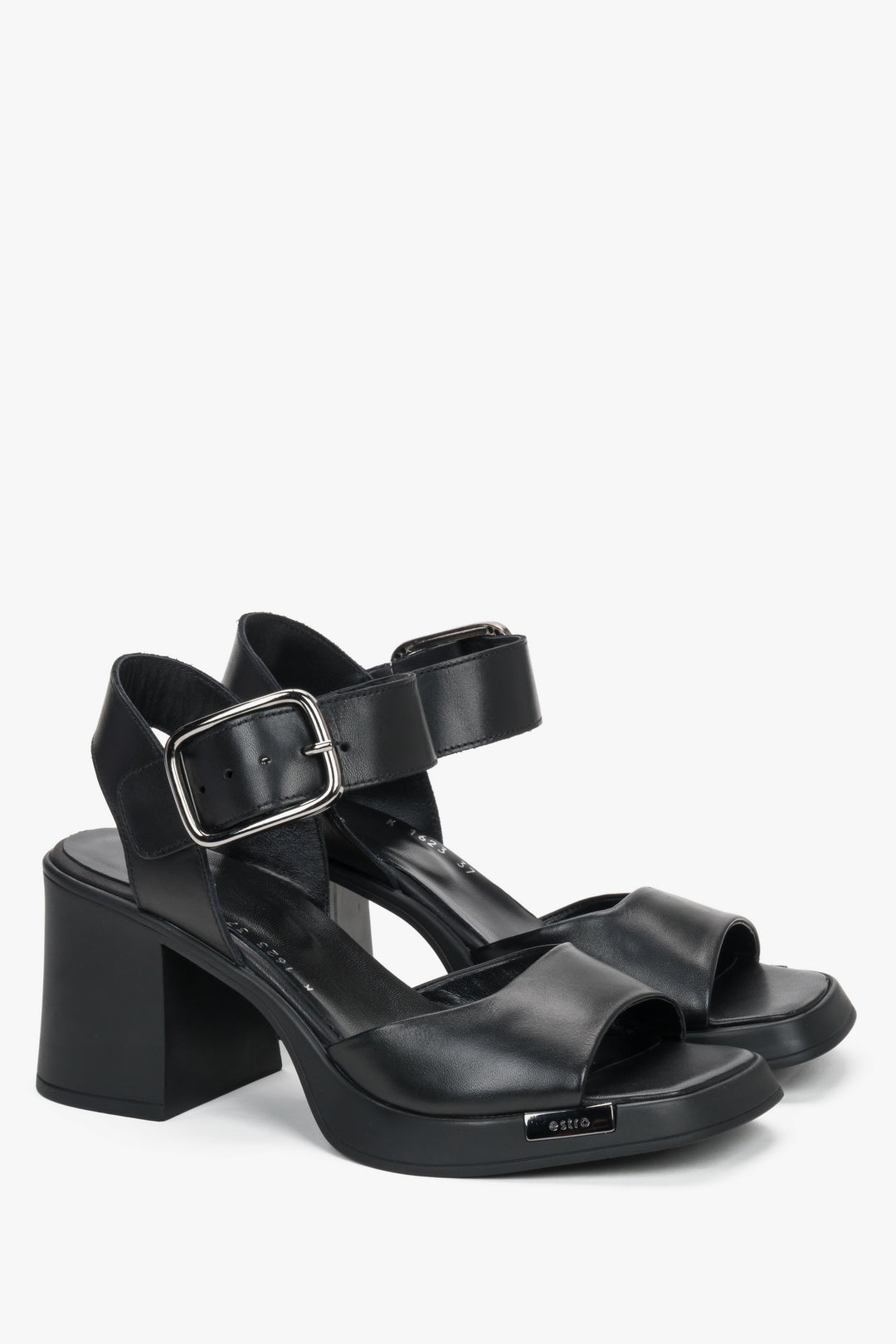 Black leather women’s sandals on a stable block heel with thick straps.
