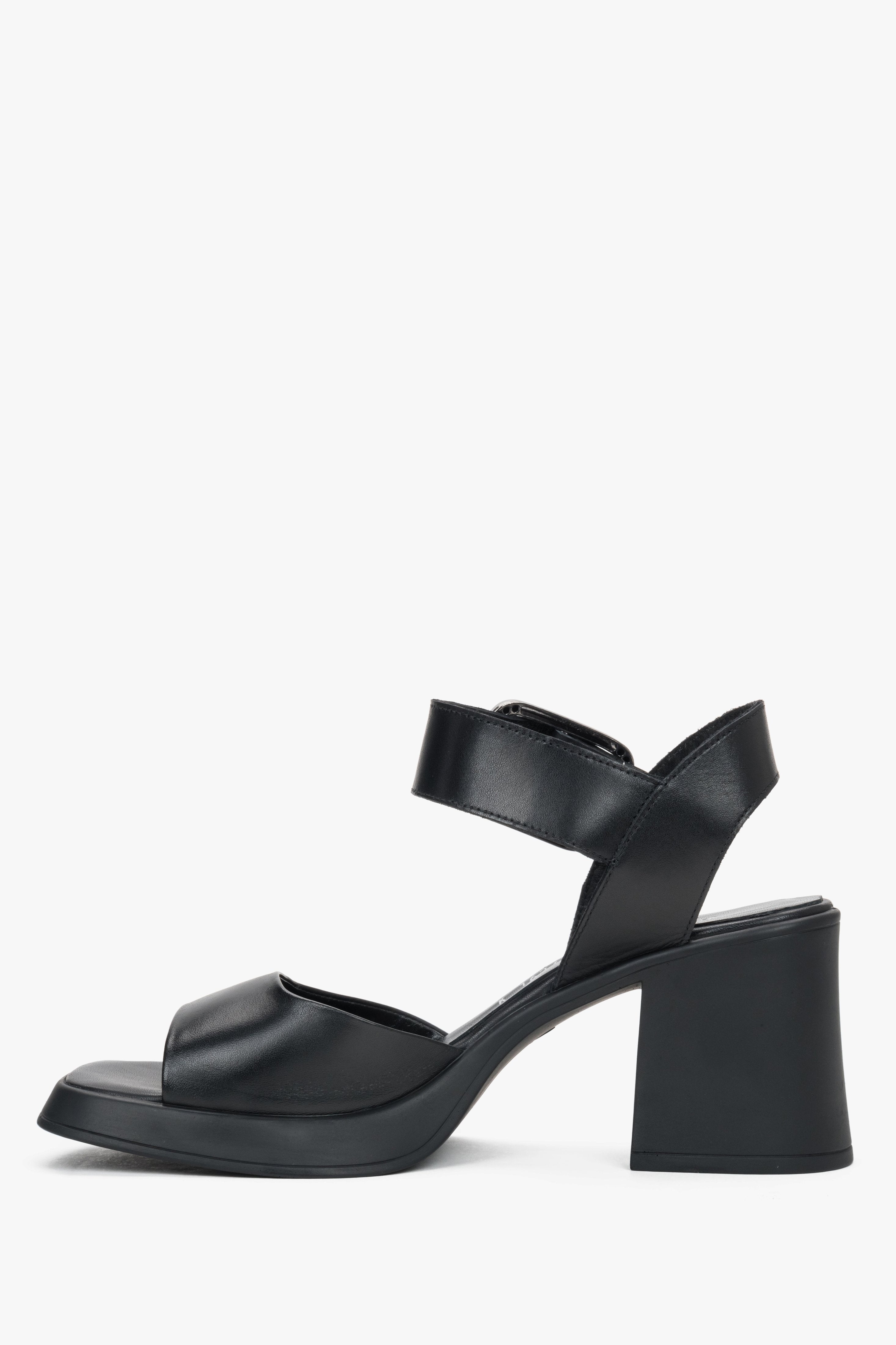 Women’s black leather sandals on a stable block heel with thick straps by Estro – side view.