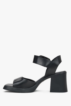 Women’s black leather sandals on a stable block heel with thick straps by Estro – side view.