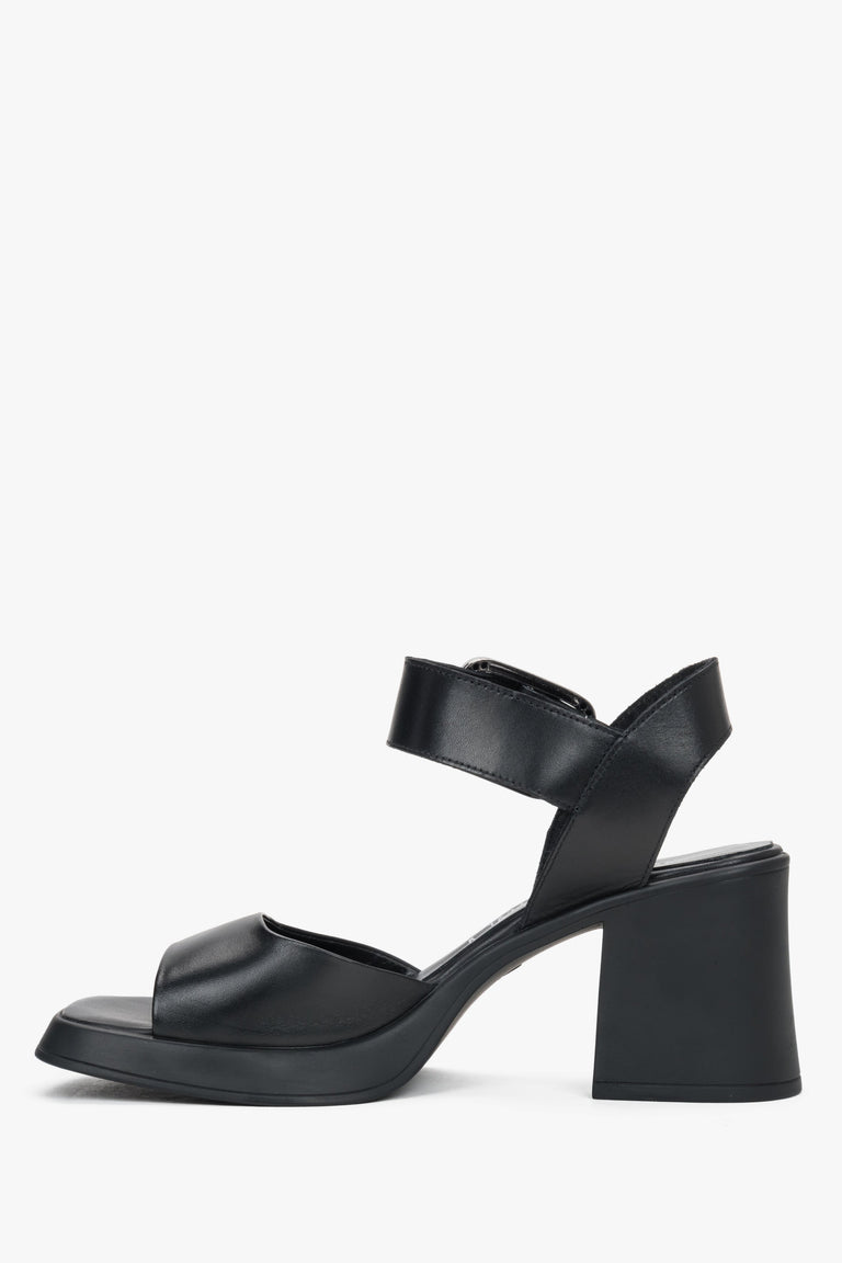 Women’s black leather sandals on a stable block heel with thick straps by Estro – side view.
