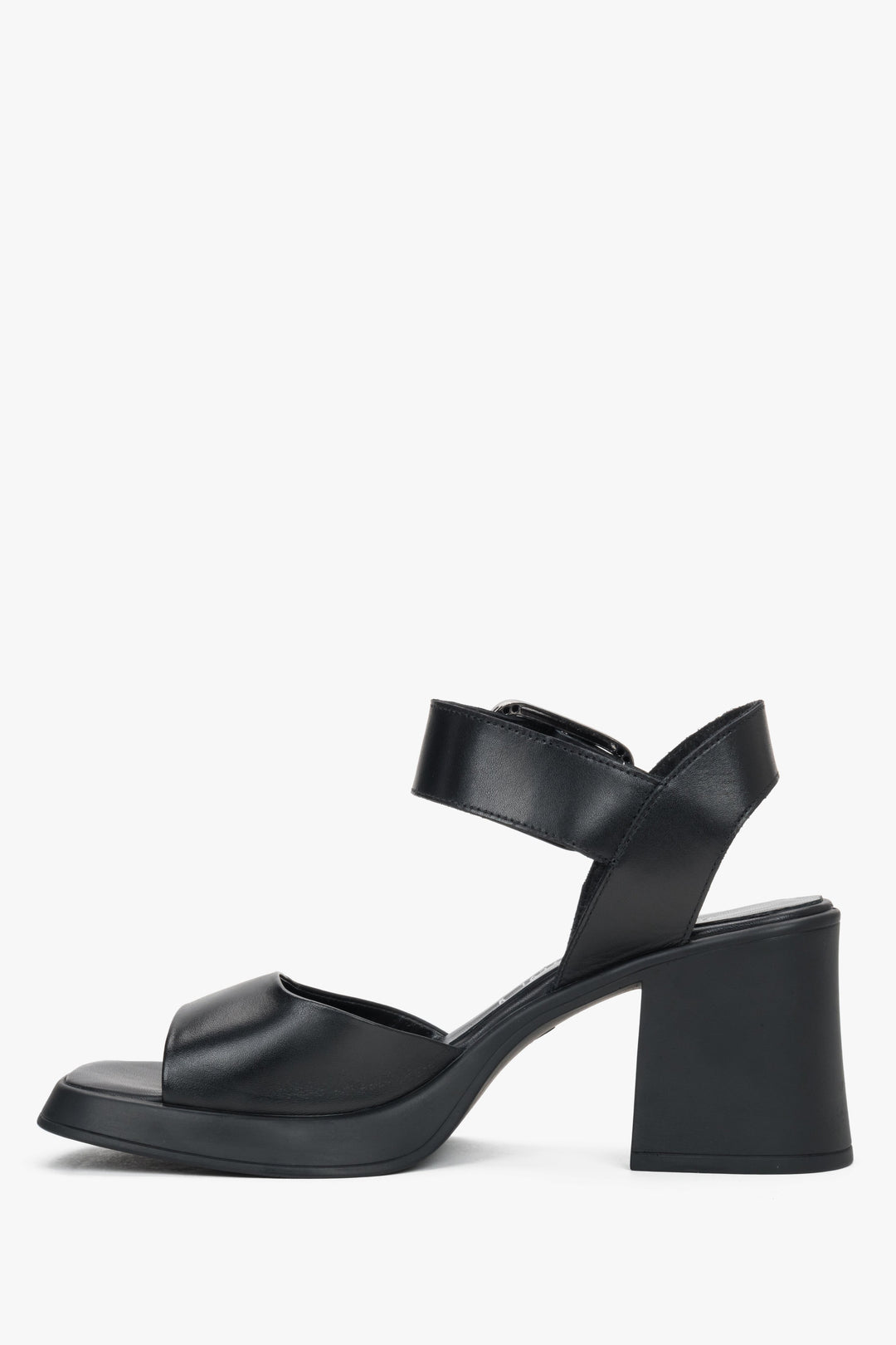 Women’s black leather sandals on a stable block heel with thick straps by Estro – side view.
