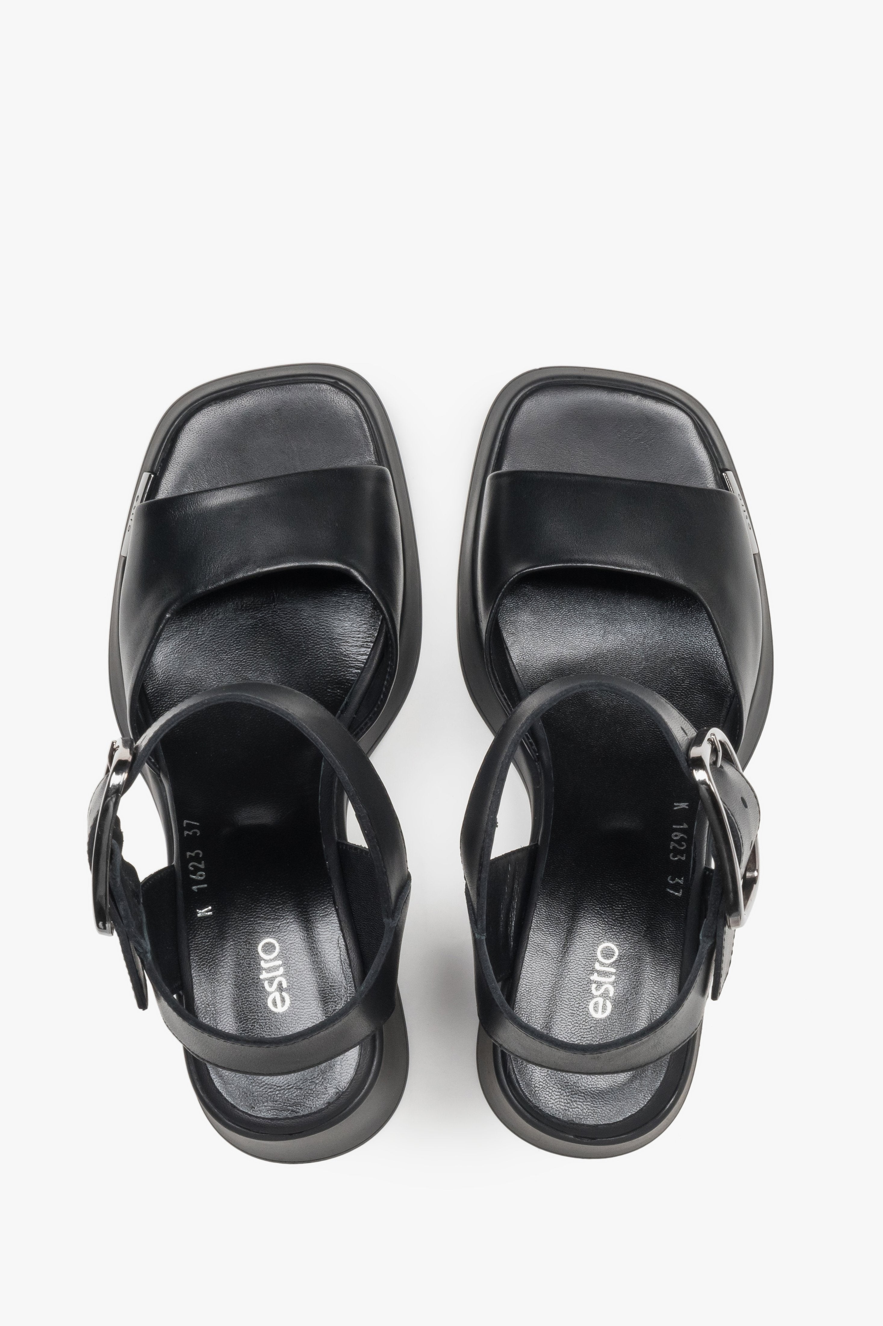 Women’s black leather sandals on a stable block heel with thick straps by Estro – top view.