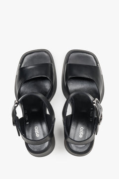 Women’s black leather sandals on a stable block heel with thick straps by Estro – top view.