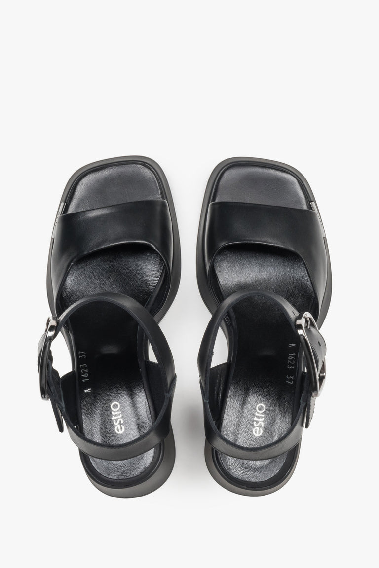 Women’s black leather sandals on a stable block heel with thick straps by Estro – top view.