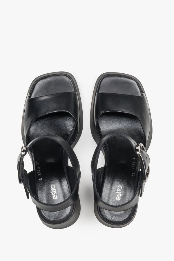 Women’s black leather sandals on a stable block heel with thick straps by Estro – top view.