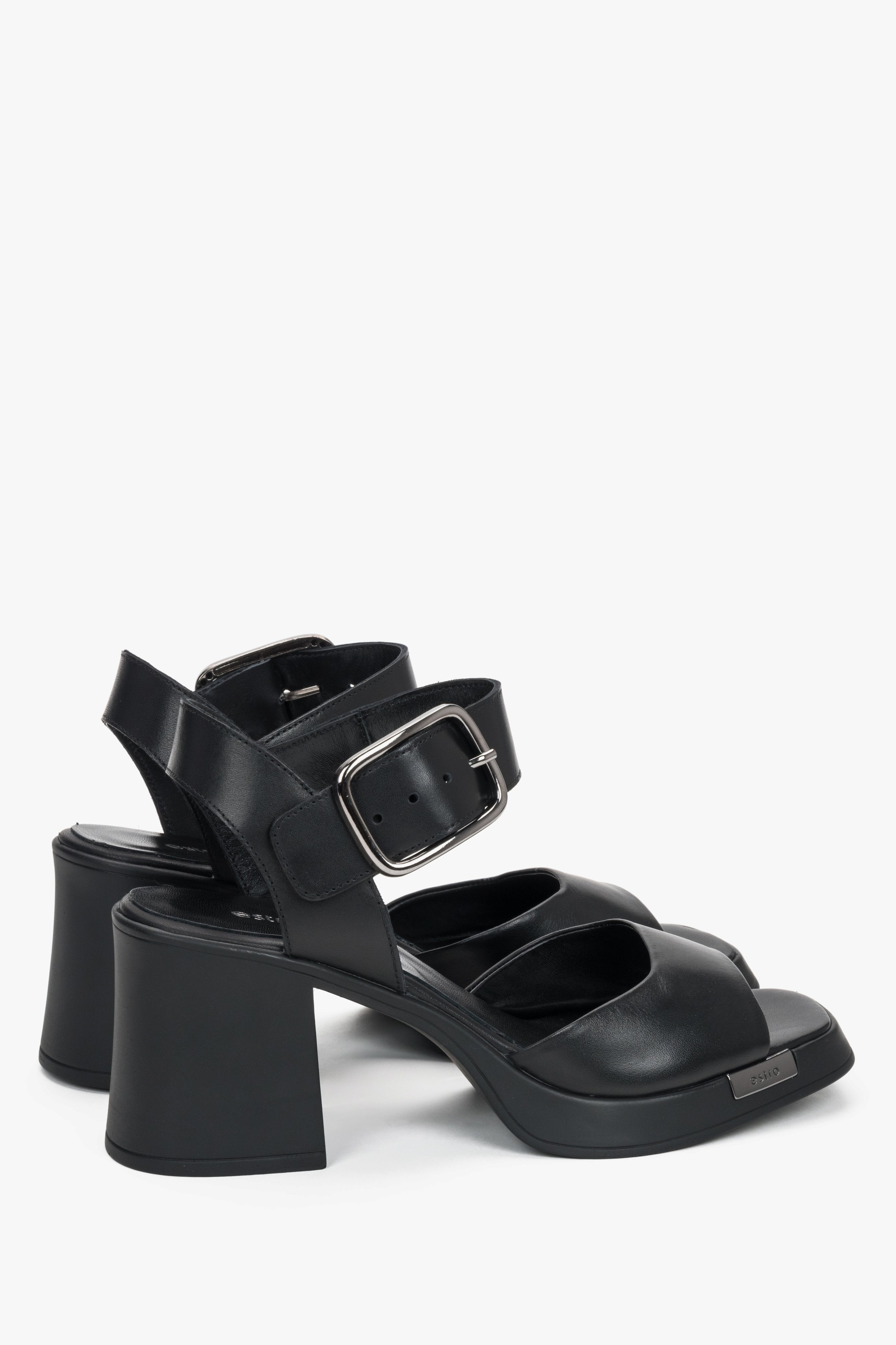 Women’s black genuine leather sandals on a stable block heel with thick straps by Estro – heel view.