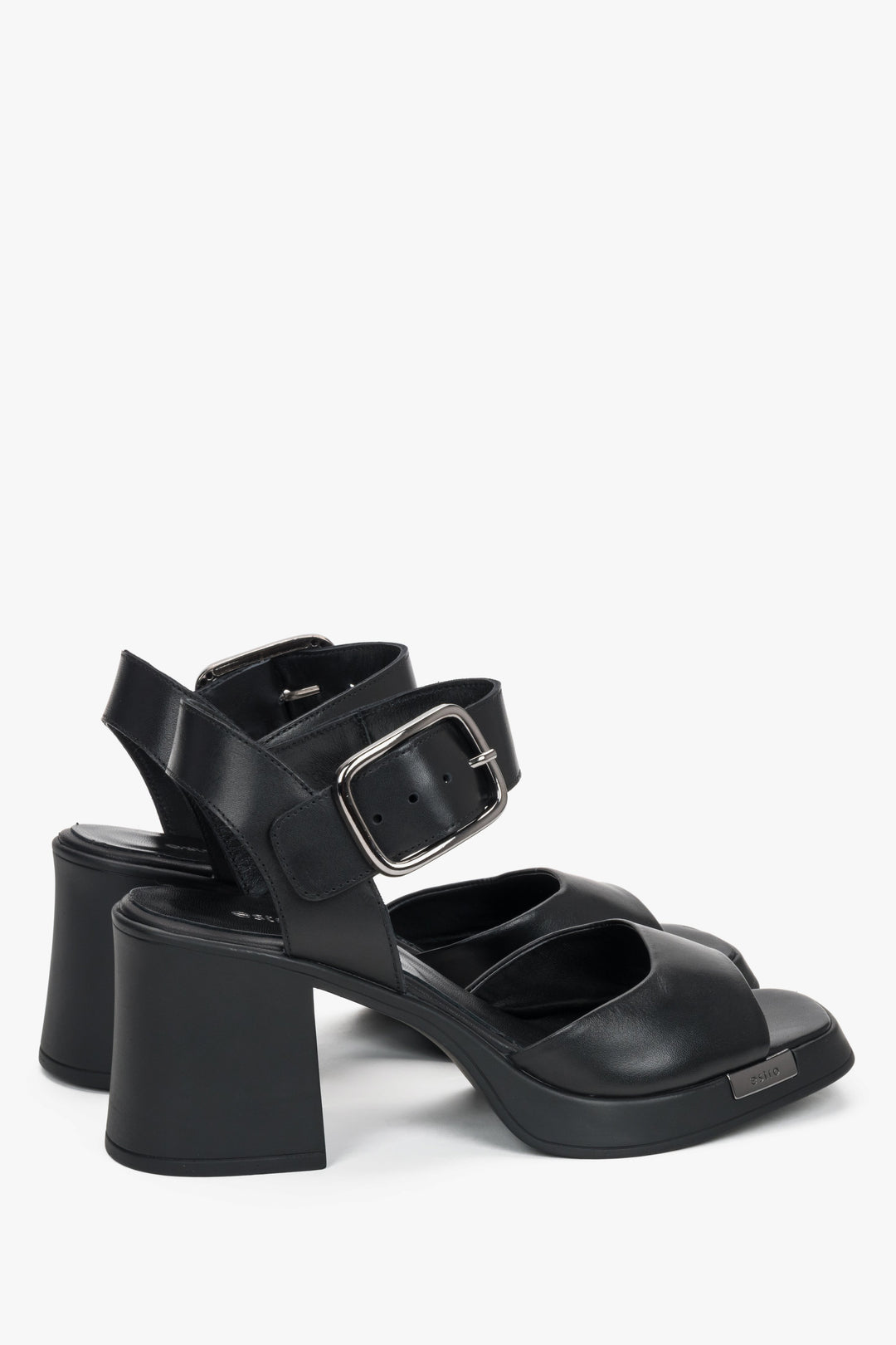 Women’s black genuine leather sandals on a stable block heel with thick straps by Estro – heel view.