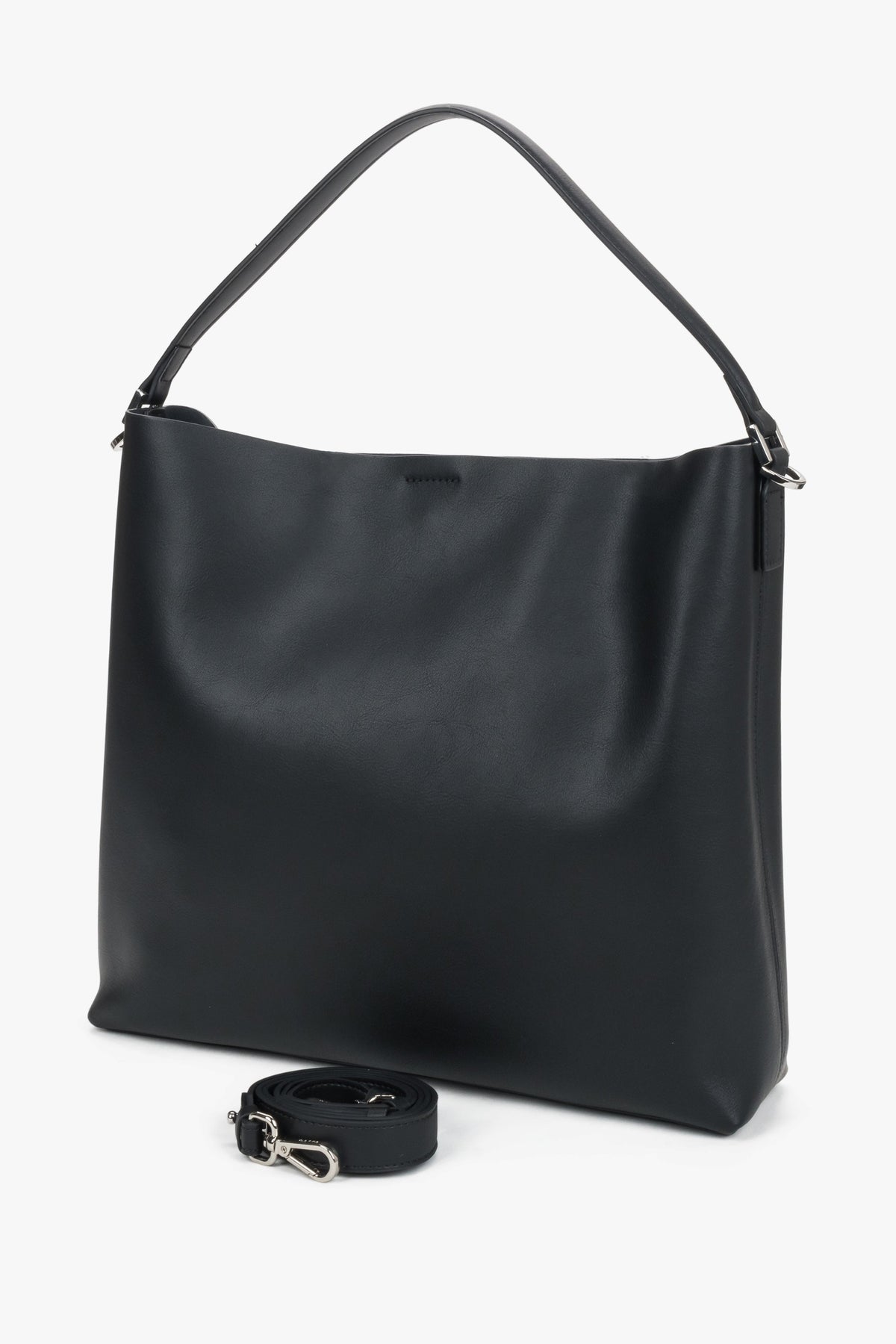 Women's black leather shopper tote bag Estro - front view showing structure and short top handles.