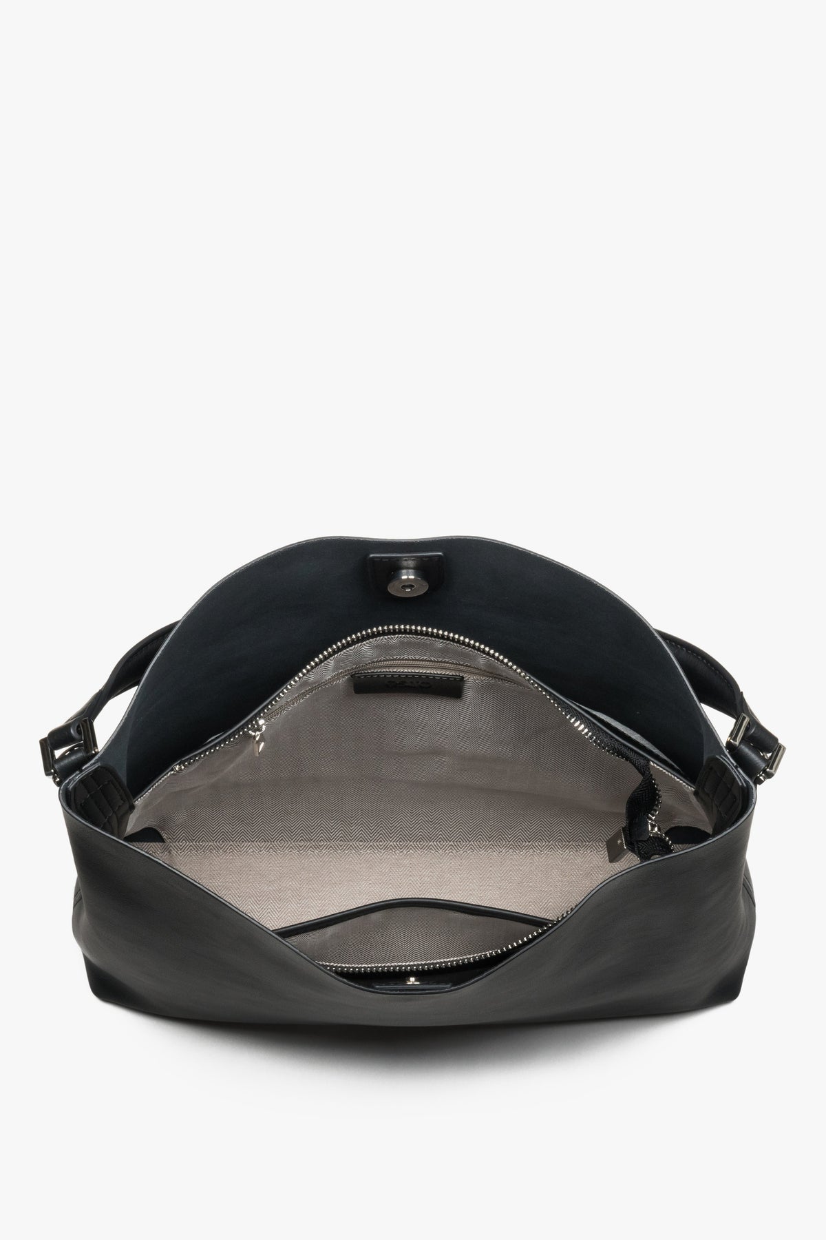 Black genuine leather women's shopper tote bag with short handles, Estro.