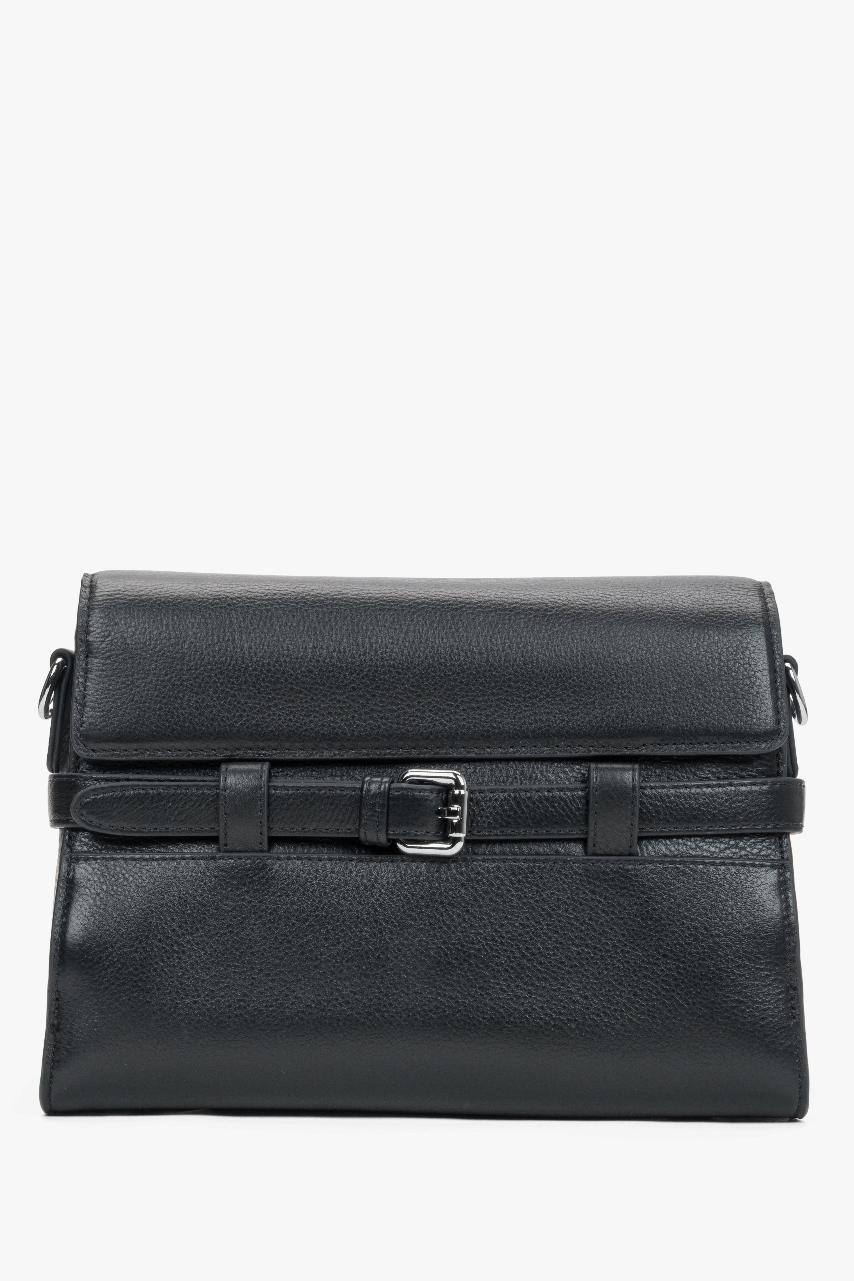 Women's black leather shoulder bag with decorative buckle by Estro