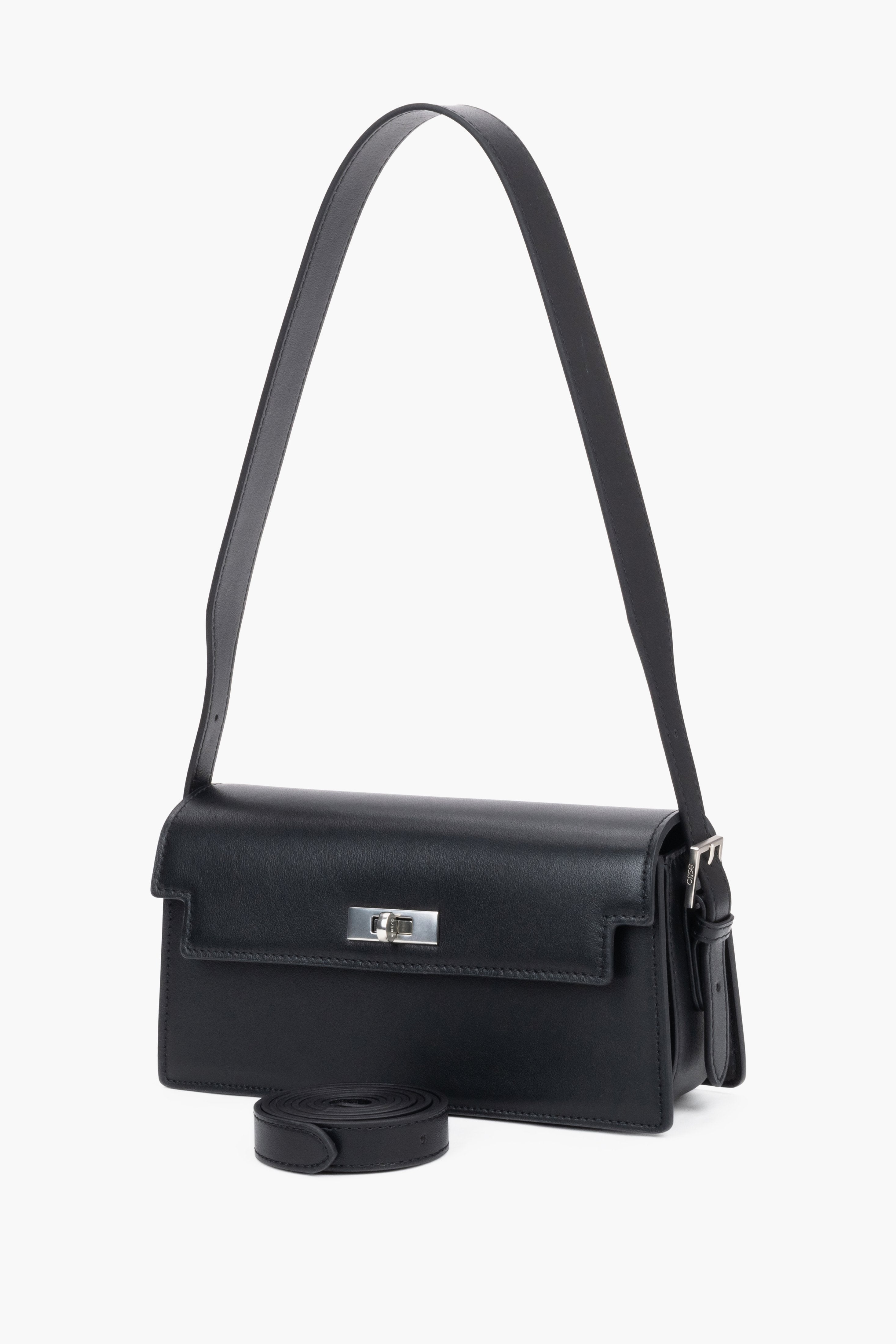 Front view of women's black leather shoulder bag by Estro