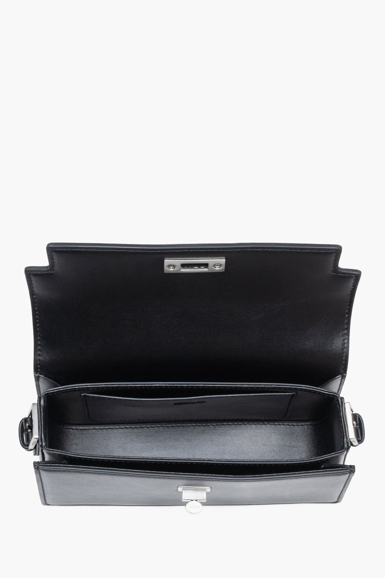 Interior view of women's black leather shoulder bag by Estro