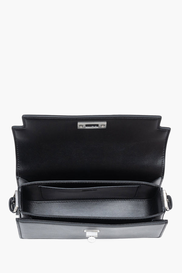 Interior view of women's black leather shoulder bag by Estro