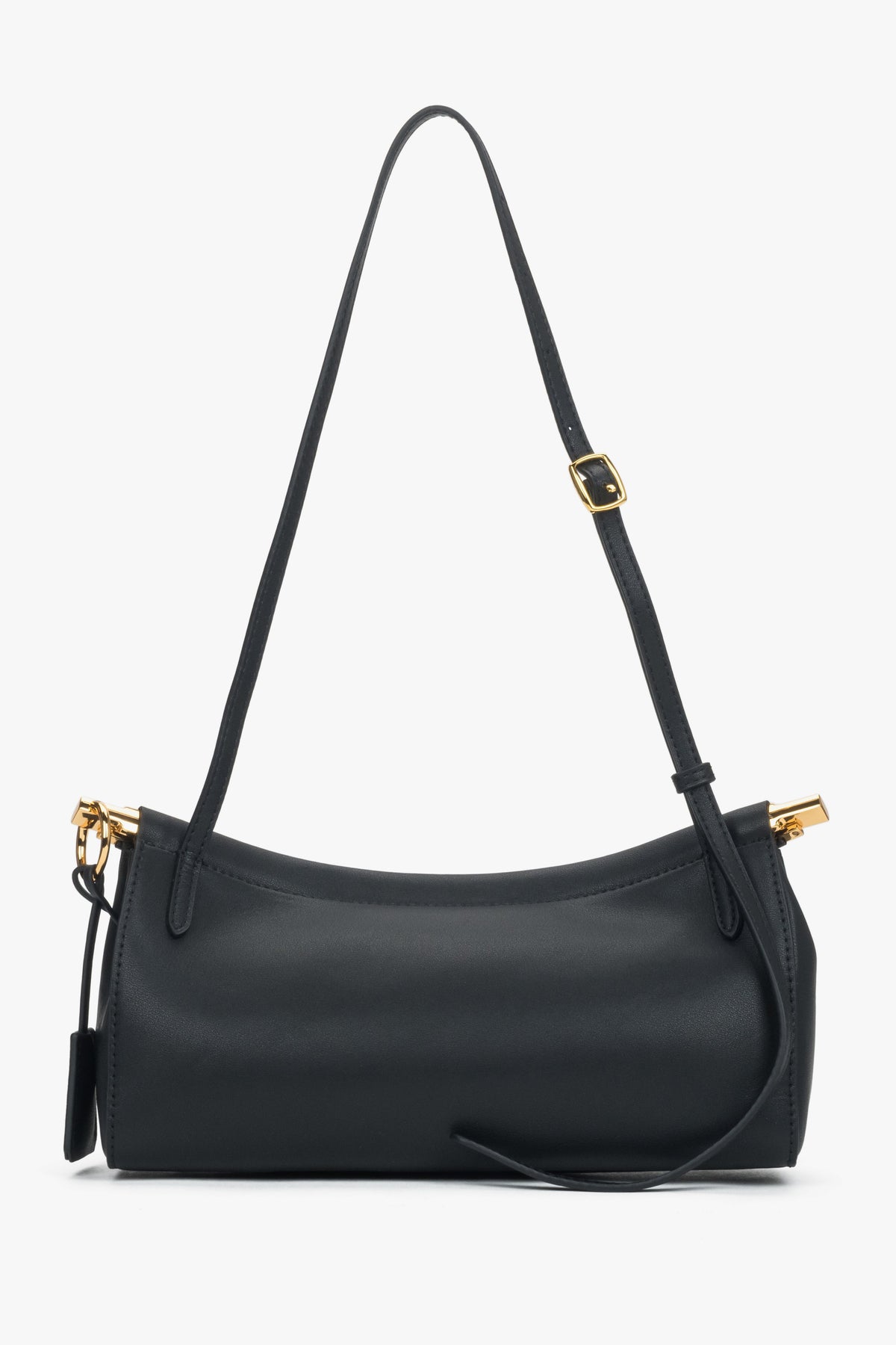 Black women’s shoulder bag in genuine leather with elegant gold hardware.