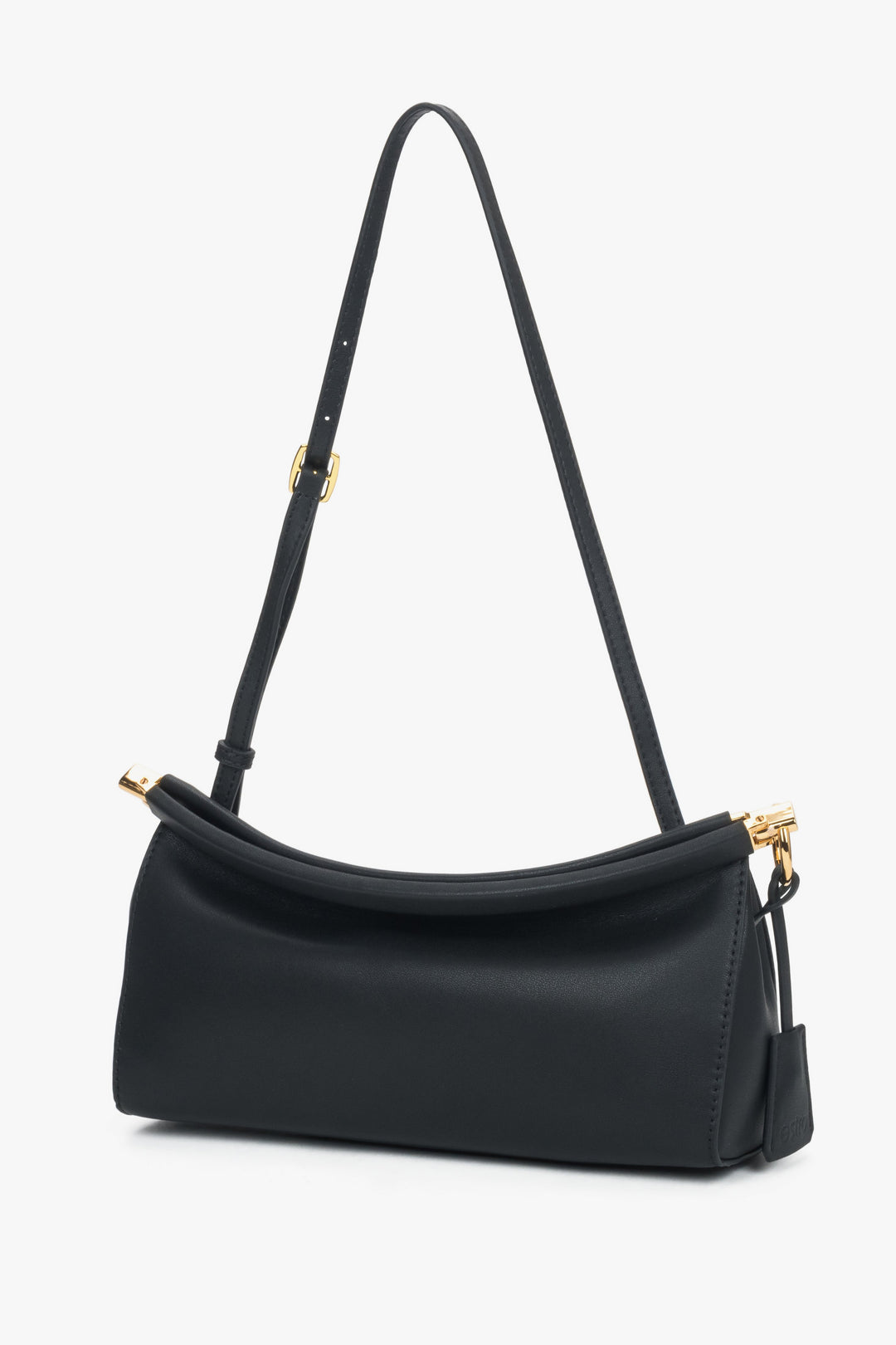 Compact black leather shoulder bag with one main compartment and interior pocket.