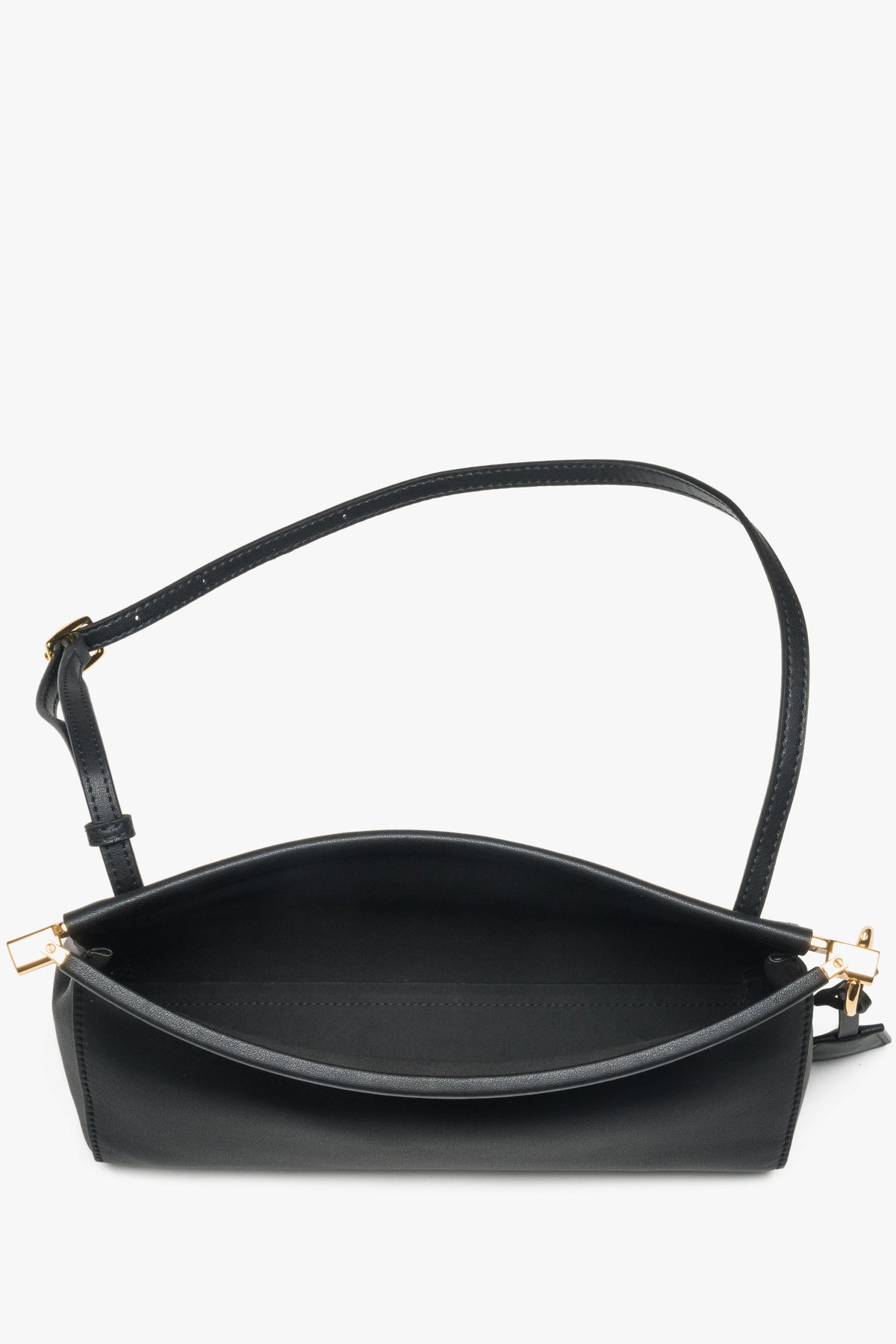 Open-top black handbag with structured silhouette for everyday use.