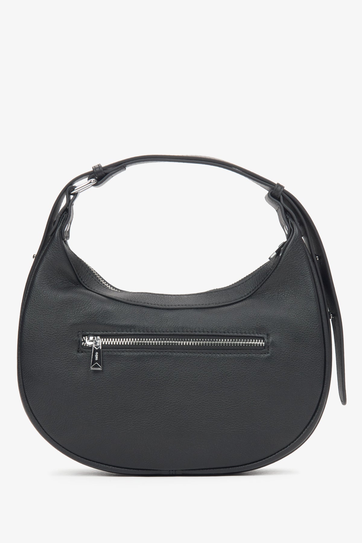 Women's black genuine leather shoulder bag in half-moon shape.