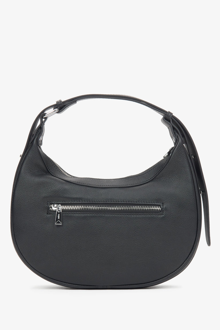 Women's black genuine leather shoulder bag in half-moon shape.