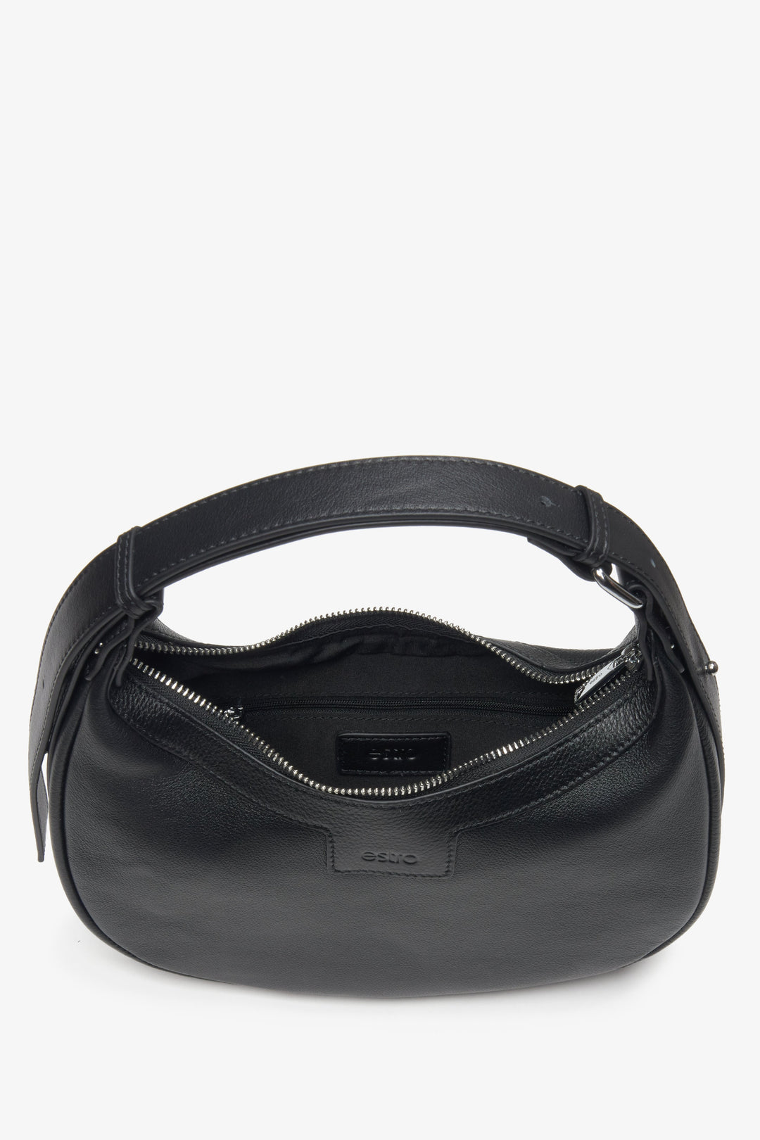 Women's shoulder bag in half-moon shape, black, made of genuine leather, Estro.