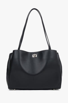 Women's black leather shoulder bag with long handles by Estro