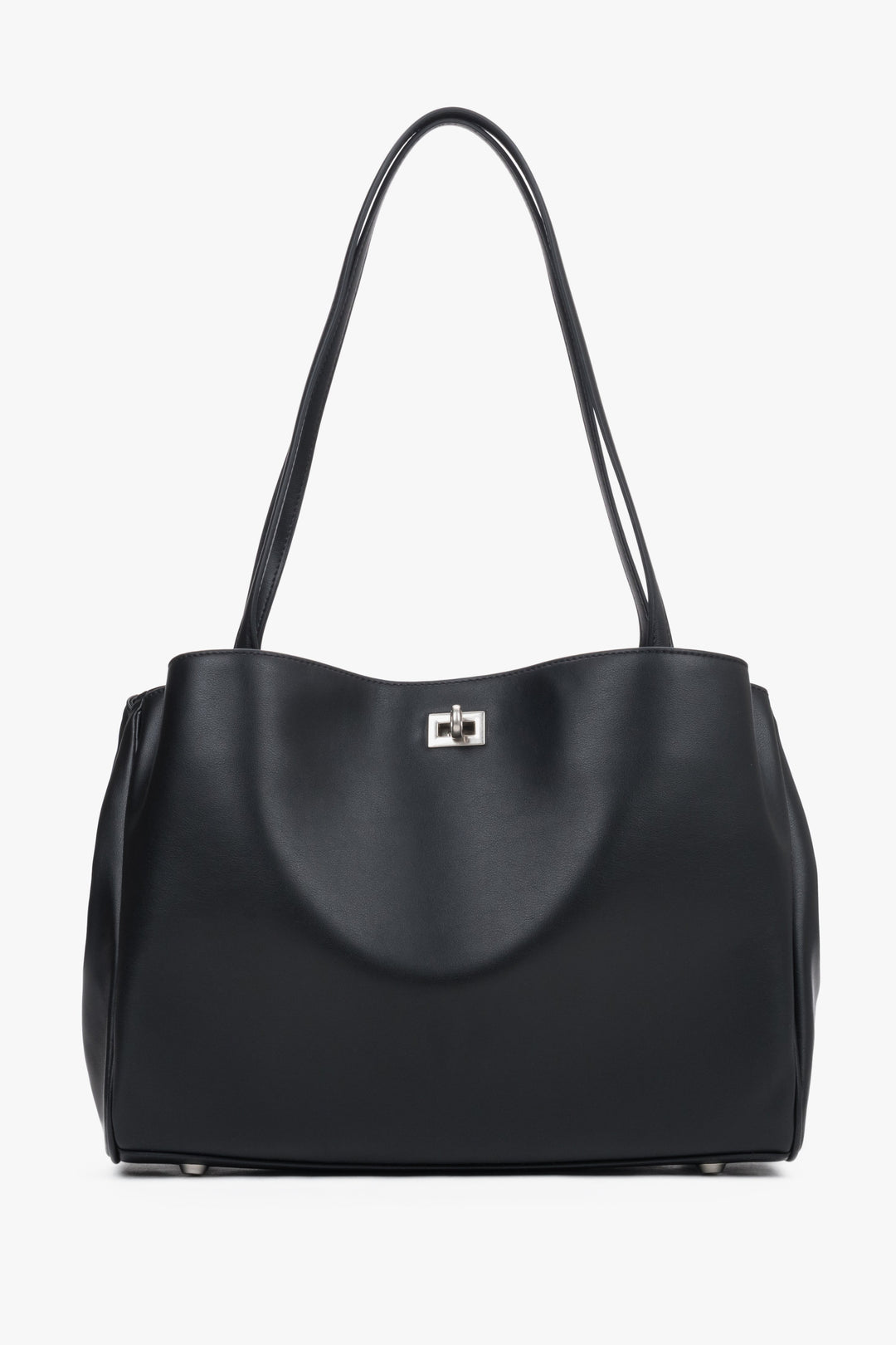 Women's black leather shoulder bag with long handles by Estro