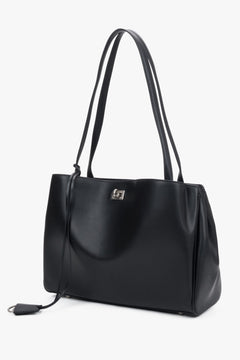 Front view of women's black leather shoulder bag by Estro