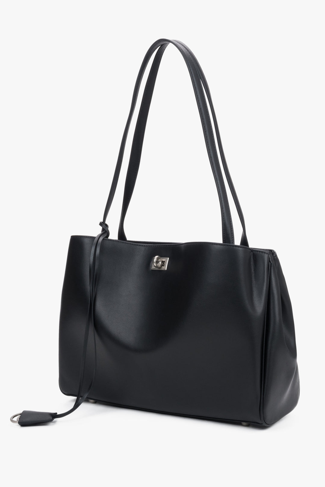 Front view of women's black leather shoulder bag by Estro