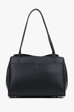 Back view of women's black leather shoulder bag by Estro