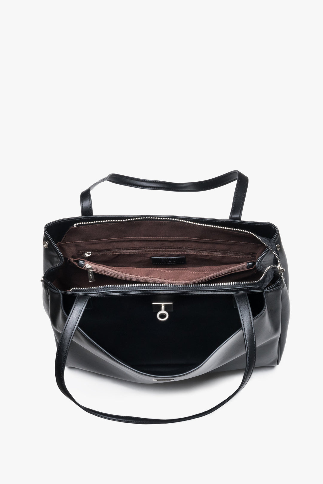 Interior view of women's black leather shoulder bag with compartments