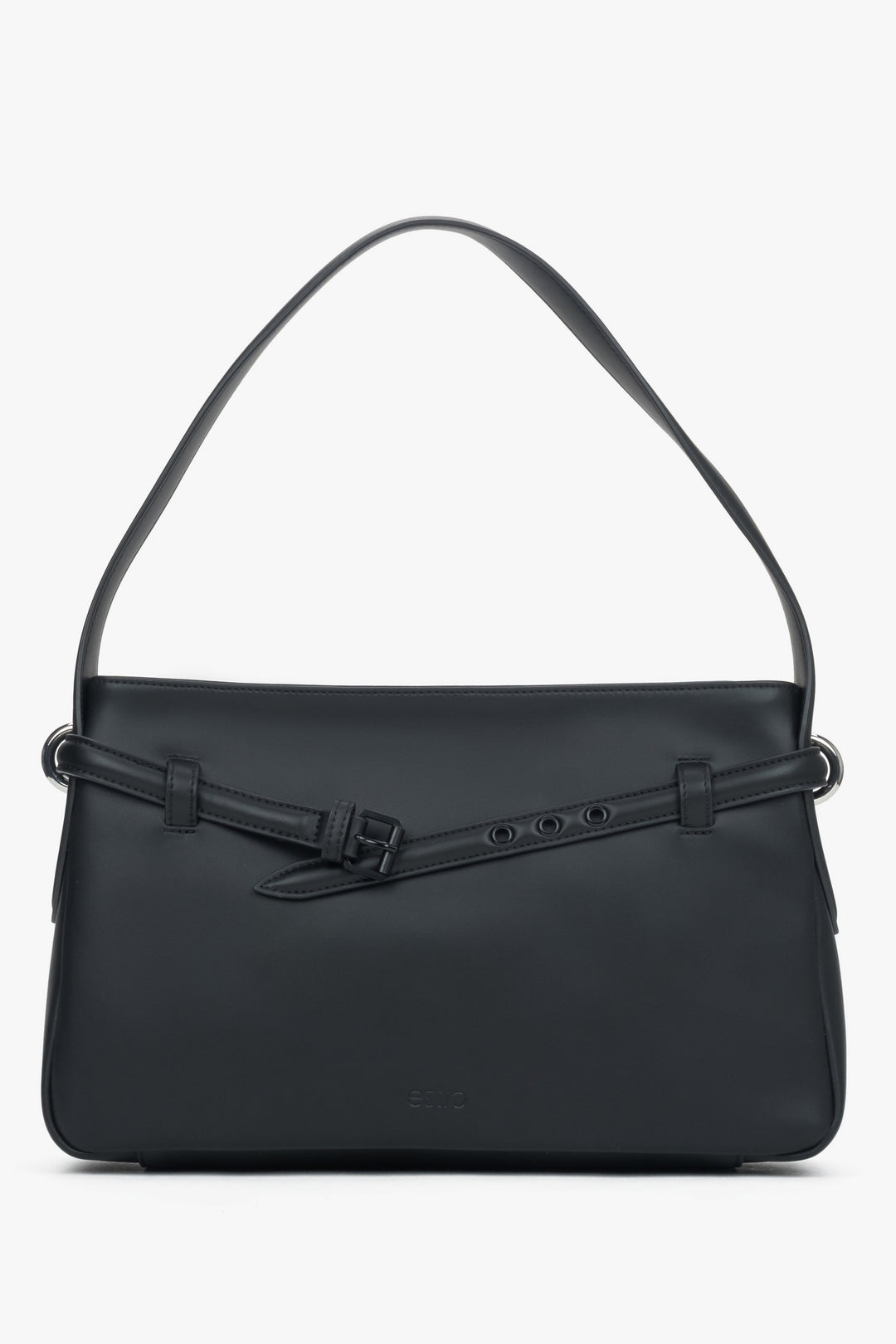 Women's Black Leather Shoulder Bag with Decorative Strap Estro ER00119000.