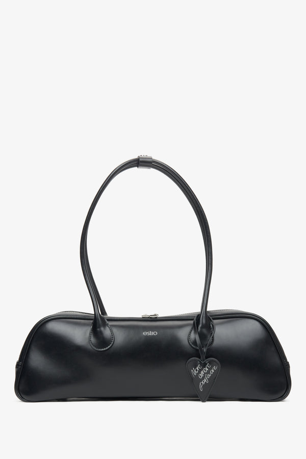 Women's black leather shoulder bag with long handles by Estro.