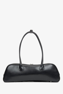 A stylish women's black leather shoulder bag featuring long handles, by Estro - reverse.