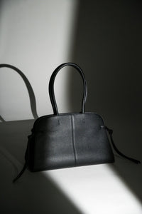 Women's Black Leather Shoulder Bowler Bag with Side Lacing Estro ER00120557.