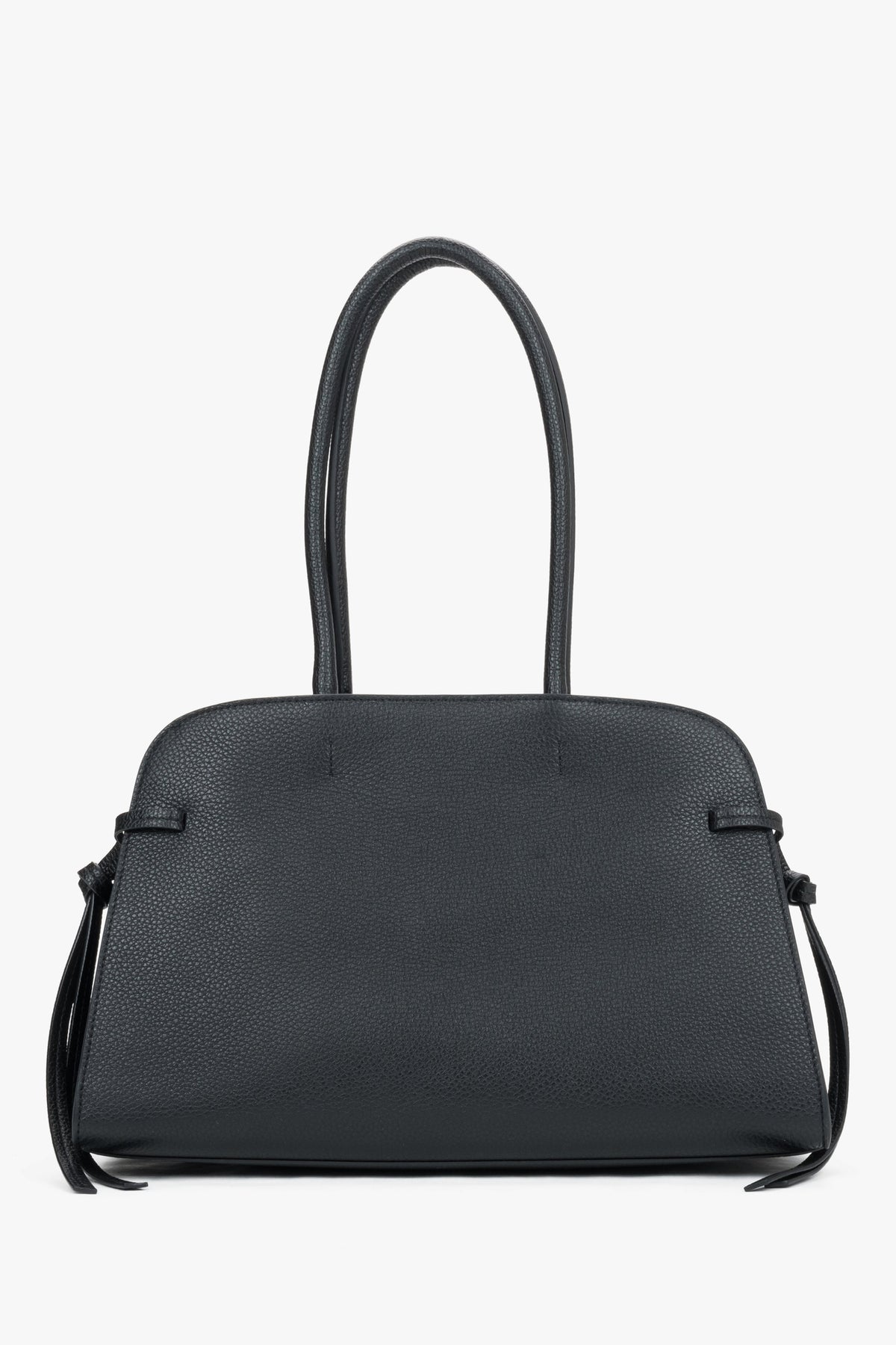 Estro - women's black genuine leather shoulder bowler bag with side lacing.