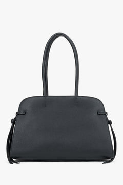 Estro - women's black genuine leather shoulder bowler bag with side lacing.
