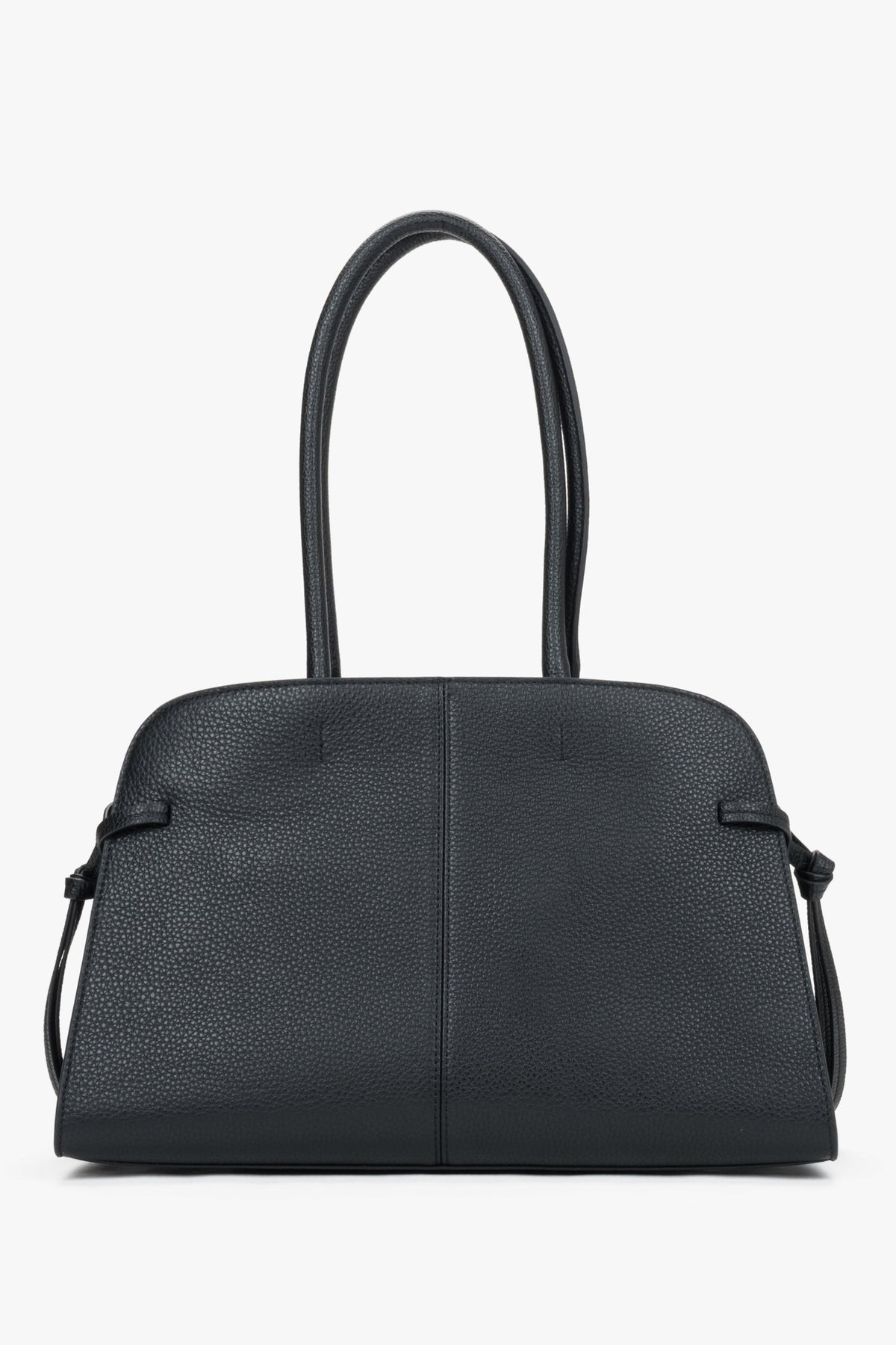 Women's black genuine leather bowler bag Estro - front view showing side lacing details.
