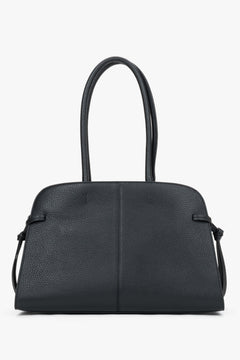 Women's black genuine leather bowler bag Estro - front view showing side lacing details.