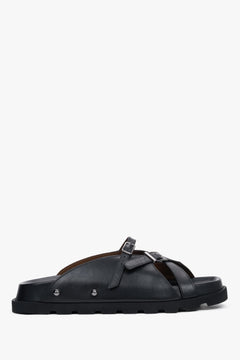 Side view of women's black leather slide sandals by Estro