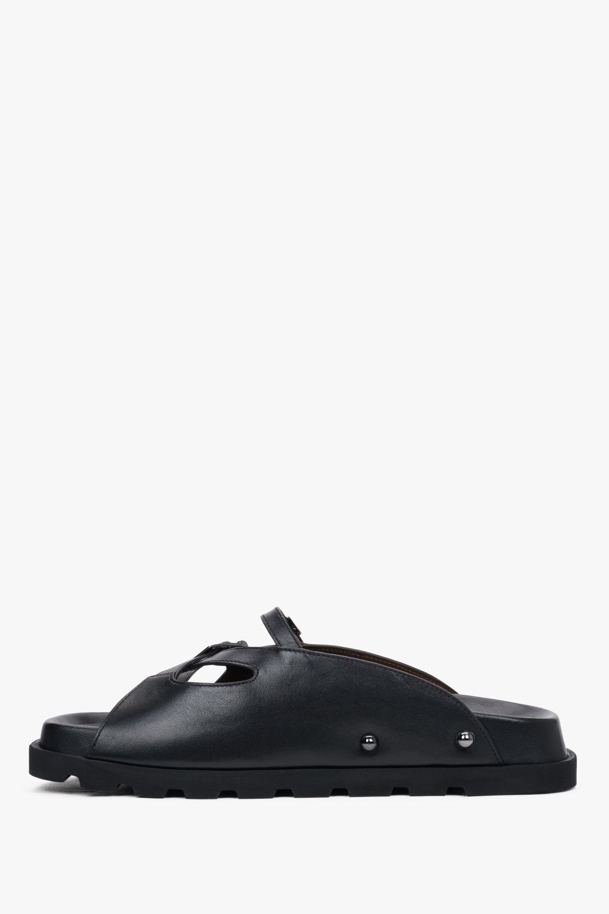Low side view of women's black leather slide sandals by Estro