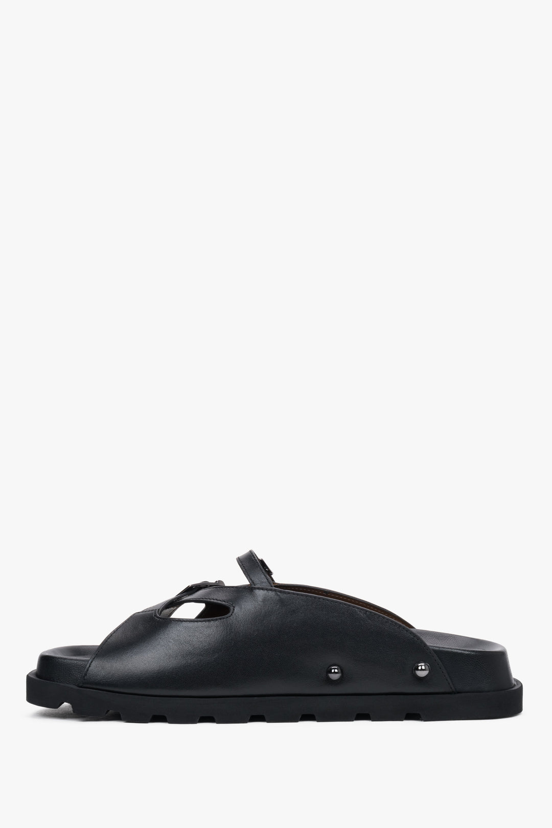 Low side view of women's black leather slide sandals by Estro