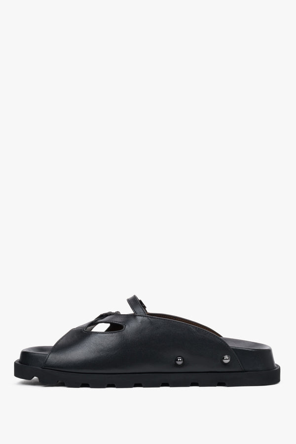 Low side view of women's black leather slide sandals by Estro