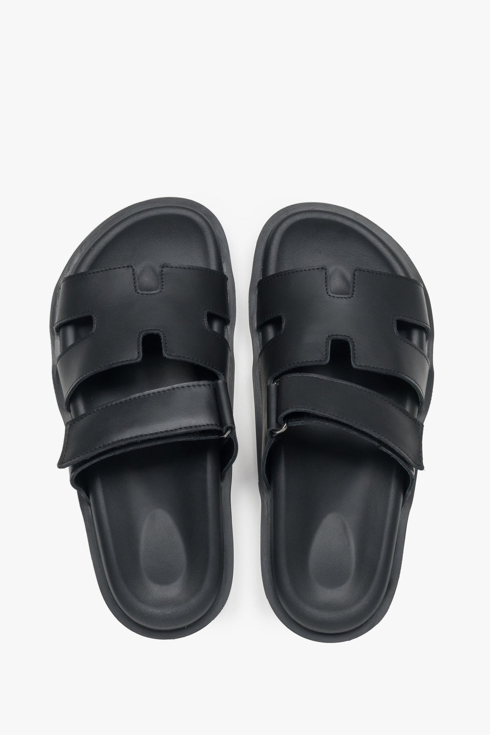 Women's Black Slide Sandals with Adjustable Strap in Genuine Leather Estro ER00117587.