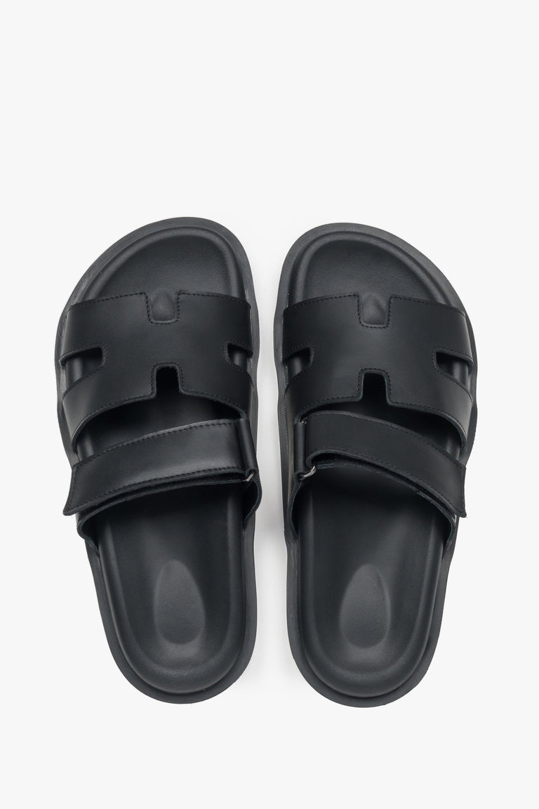 Women's Black Slide Sandals with Adjustable Strap in Genuine Leather Estro ER00117587.