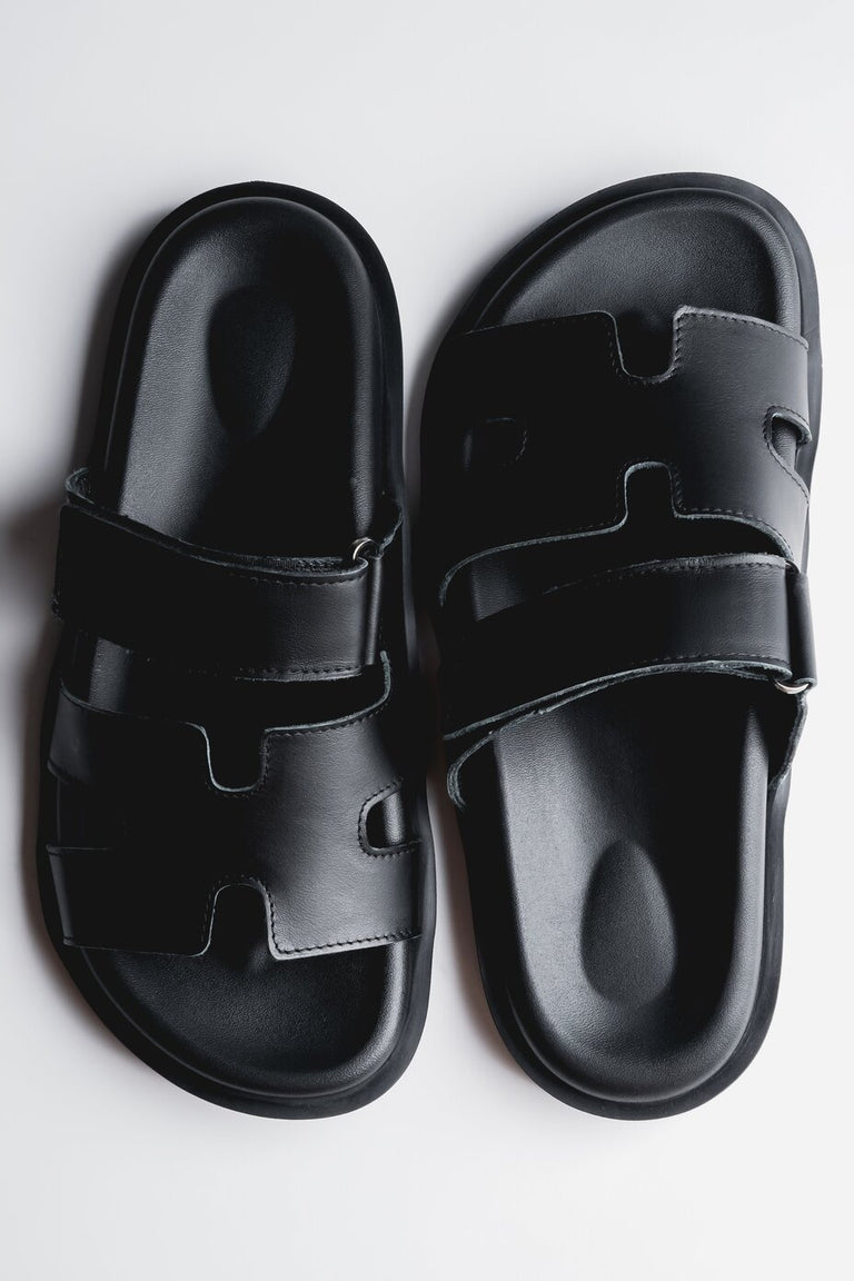 Women's Black Slide Sandals with Adjustable Strap in Genuine Leather Estro ER00117587